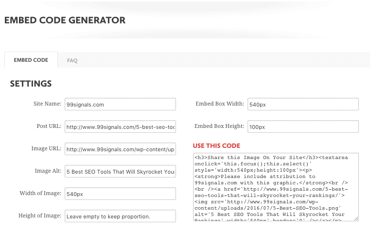 Siege Media Incorpora il generatore di codice: ogni volta che qualcuno include la tua infografica nei suoi contenuti, ricevi un'attribuzione.  E proprio così, ottieni un backlink di alta qualità.