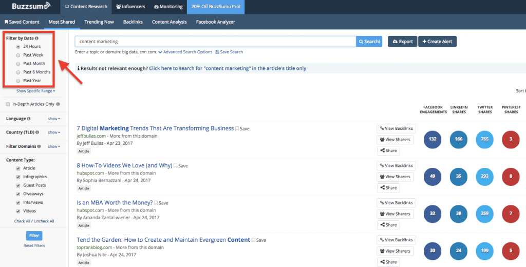 How to Create Shareable Content - Simply create a free account with Buzzsumo and type in the topic you'd like to find trending content on.