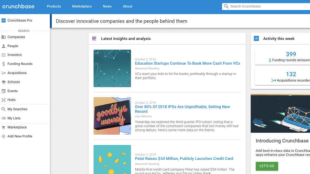 Crunchbase ist eine Community von Millionen von Benutzern, die über die neuesten Branchentrends, Investitionen und Neuigkeiten zu globalen Unternehmen auf dem Laufenden bleiben möchten - von Startups bis zu Fortune 1000-Unternehmen.
