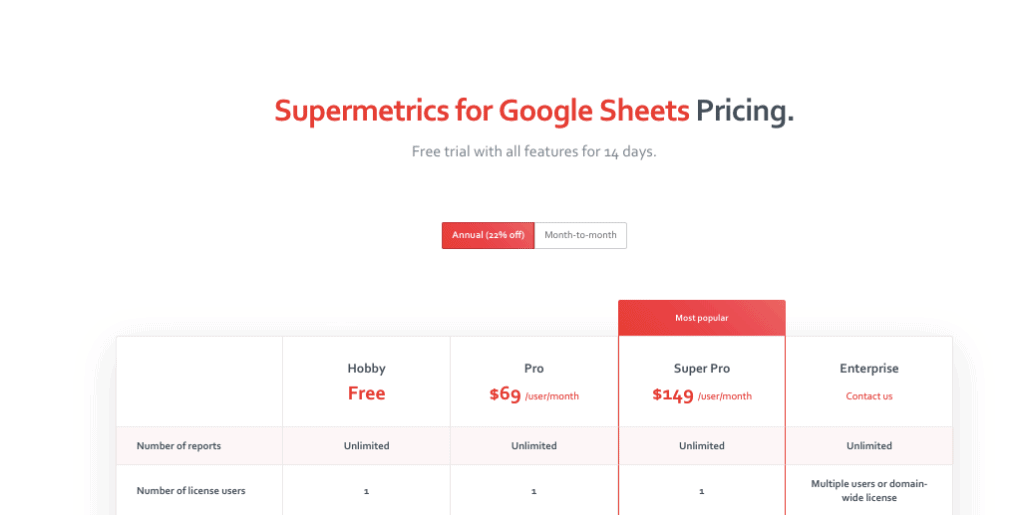 Supermetrics for Google Sheets Pricing