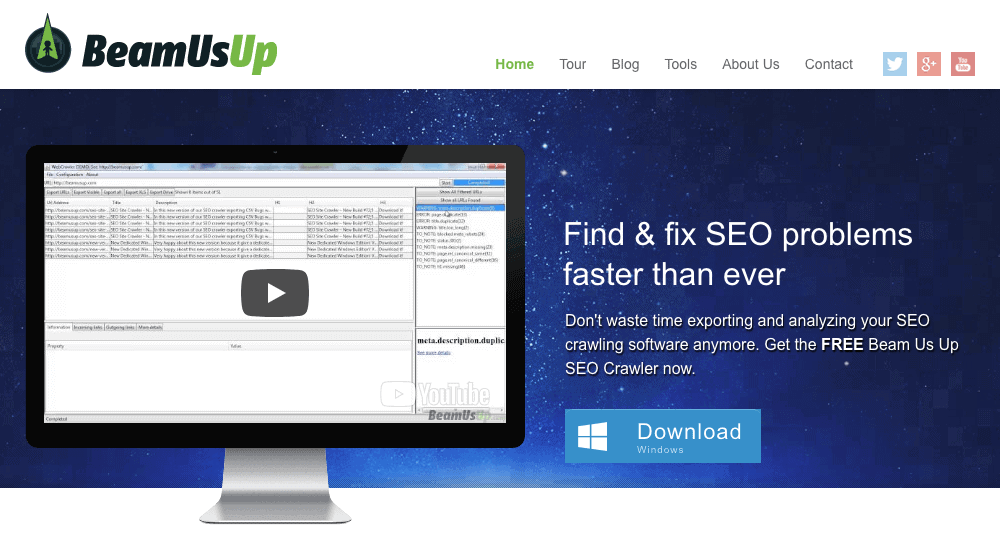 Beam Us Up is a free SEO crawling software which has smart filters built in to display the most common SEO errors you want to find during your site audit.