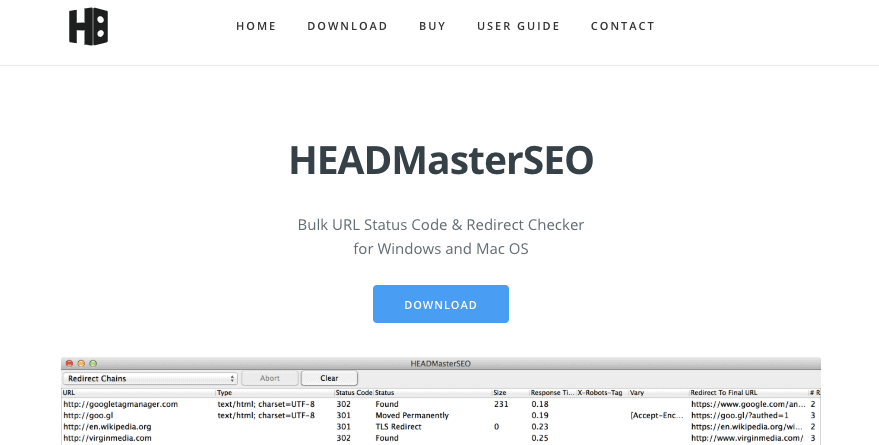HEADMasterSEO is a bulk URL and redirect checker tool that allows you to check URL status codes, response time, redirects, and export results to CSV.