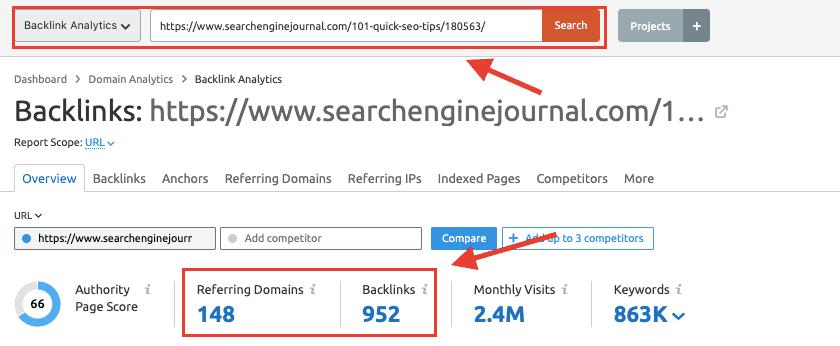 SEMrush Backlink Analytics Tool - SEJ Backlinks 