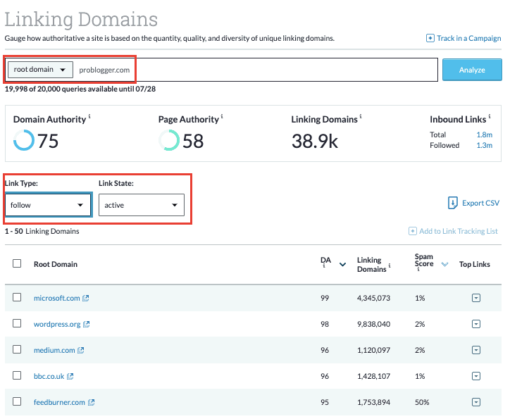 Moz Linking Domains Report