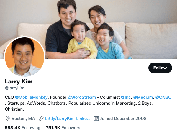 Follow Larry Kim on Twitter - 21 Best Twitter Accounts to Follow for Entrepreneurs