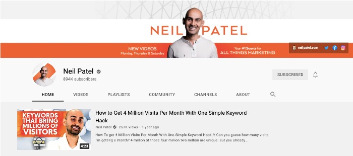 Neil Patel's YouTube Channel - Best Marketing YouTube Channels