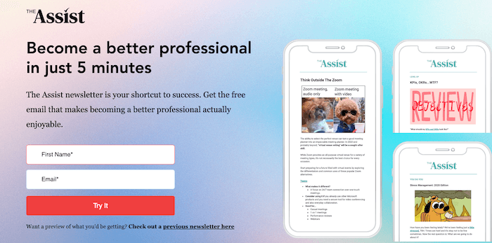 The Assist Newsletter - The Assist is a free business newsletter that contains productivity tips, work culture inspiration, and wellness tips to help you get through the work week and find work-life balance.