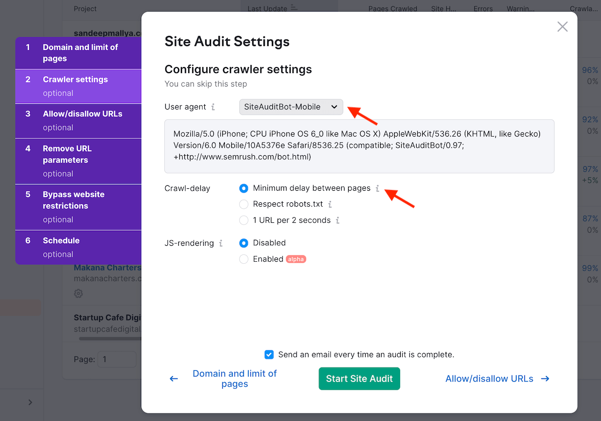 Site Audit Settings - Crawler settings