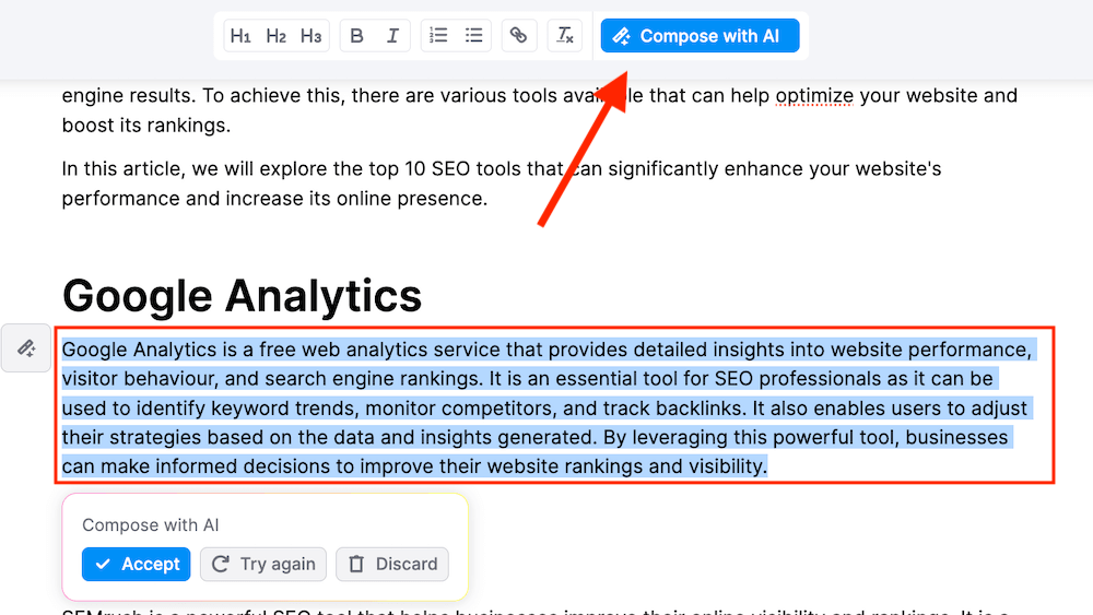 Semrush Content - Compose with AI Feature