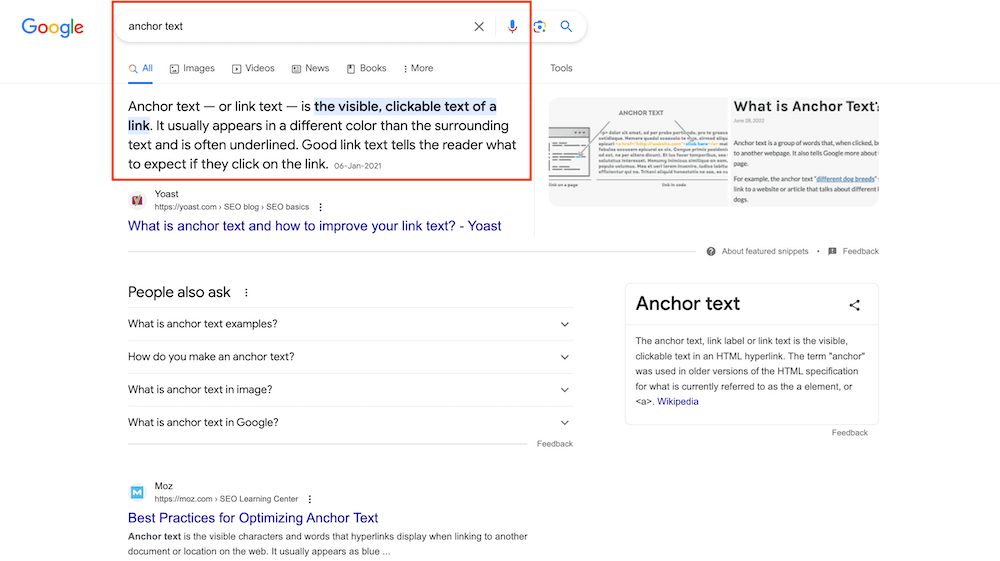Featured Snippets Example - Anchor text