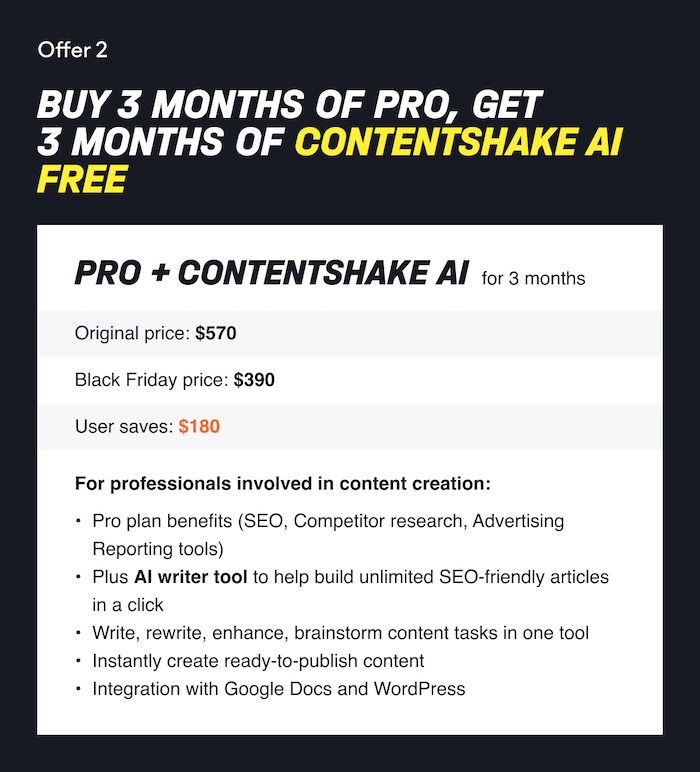 Semrush Black Friday Deal 2 - Pro + ContentShake