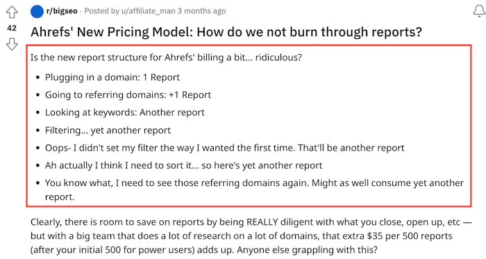 Reddit post on Ahrefs' new pricing model